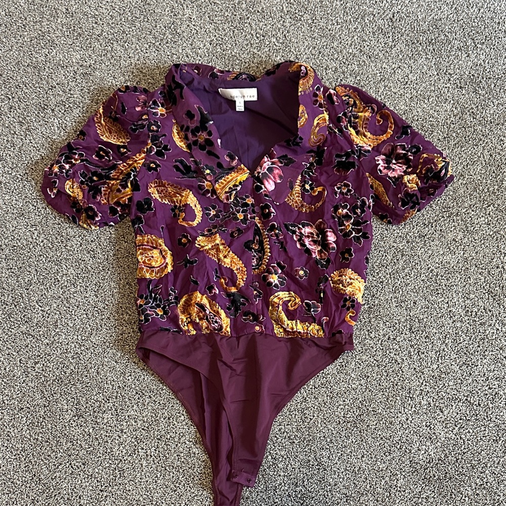 Adelyn Rae Purple and Gold Patterned Bodysuit